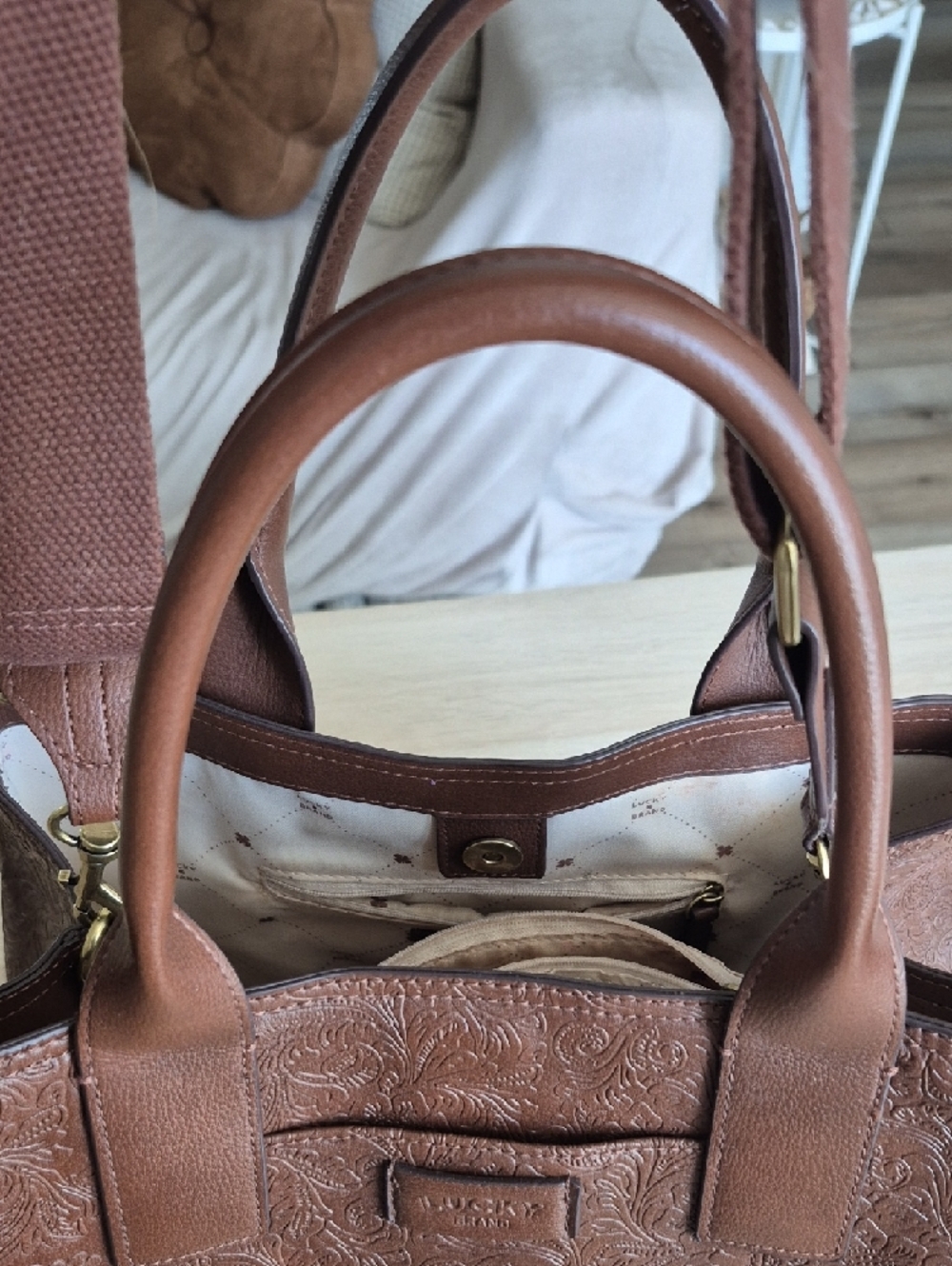 Lucky Brand Brown Floral Embossed Leather Satchel - Picture 9 of 12